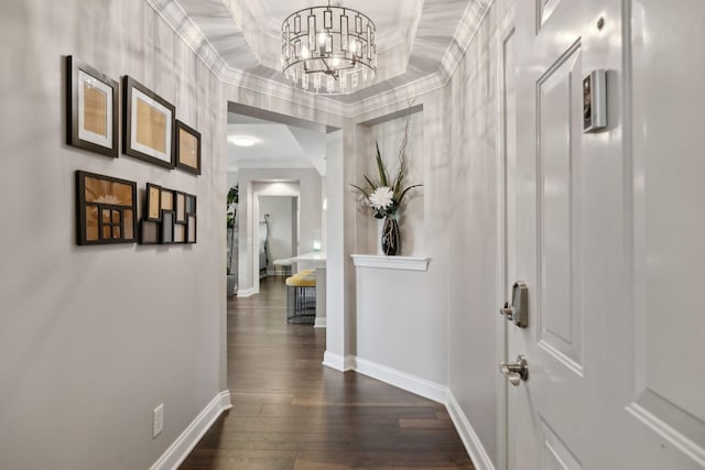 3201 Aspen Grove Dr Unit F4, Franklin, TN 37067 - corridor with baseboards, crown molding, a chandelier, and dark wood-style floors