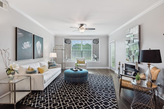 3201 Aspen Grove Dr Unit F4, Franklin, TN 37067 - living room featuring ceiling fan, crown molding, baseboards, and wood finished floors