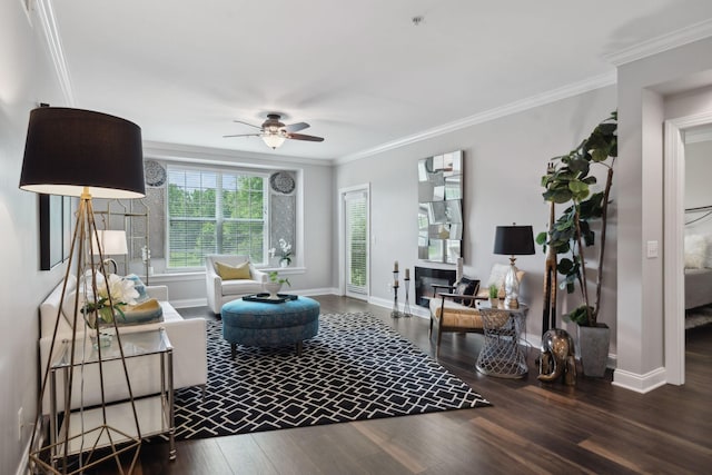 3201 Aspen Grove Dr Unit F4, Franklin, TN 37067 - living area featuring ceiling fan, wood finished floors, baseboards, and ornamental molding