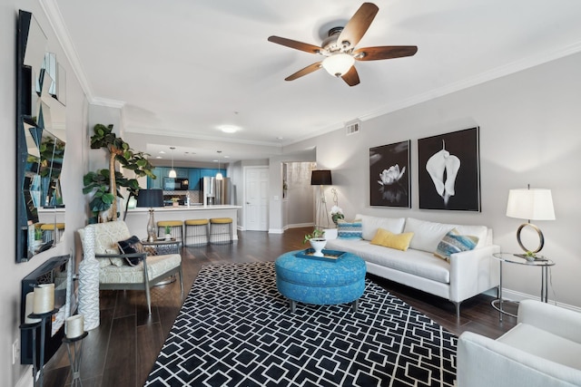 3201 Aspen Grove Dr Unit F4, Franklin, TN 37067 - living area featuring ceiling fan, ornamental molding, baseboards, and dark wood finished floors