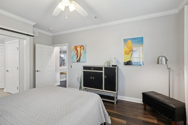 3201 Aspen Grove Dr Unit F4, Franklin, TN 37067 - bedroom with crown molding, baseboards, a barn door, wood finished floors, and a ceiling fan