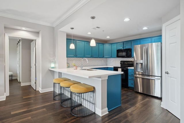 3201 Aspen Grove Dr Unit F4, Franklin, TN 37067 - kitchen featuring black appliances, blue cabinets, a peninsula, ornamental molding, and recessed lighting