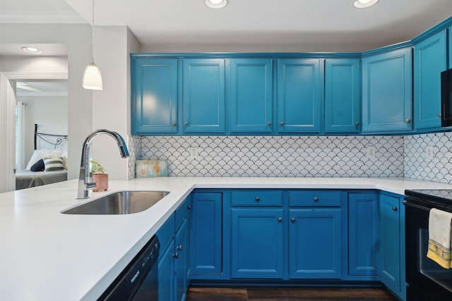 3201 Aspen Grove Dr Unit F4, Franklin, TN 37067 - kitchen with electric range, a sink, blue cabinetry, crown molding, and recessed lighting