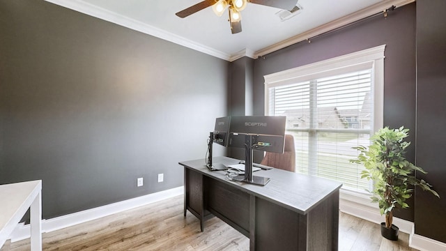 788 Jersey Dr, Clarksville, TN 37043 - office area featuring ceiling fan, crown molding, baseboards, and wood finished floors