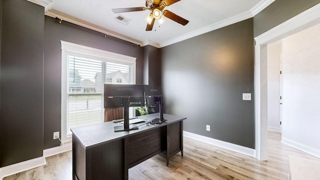 788 Jersey Dr, Clarksville, TN 37043 - office space featuring ceiling fan, light wood-type flooring, crown molding, and baseboards