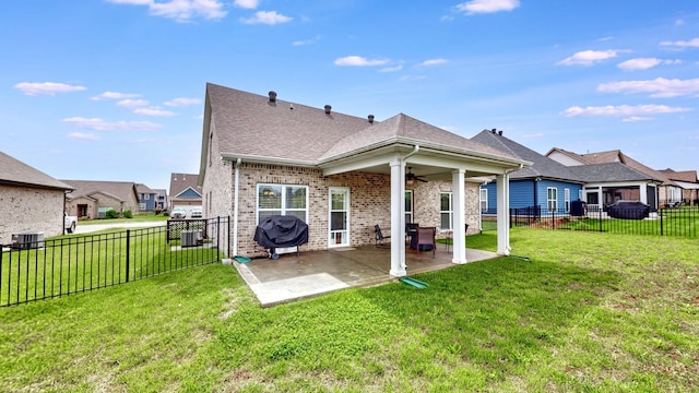 788 Jersey Dr, Clarksville, TN 37043 - rear view of property with ceiling fan, brick siding, a patio, a shingled roof, and central air condition unit