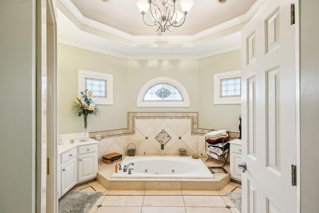 1001 Williams Way, Old Hickory, TN 37138 - bathroom featuring crown molding, a chandelier, a tub with jets, tile patterned flooring, and vanity