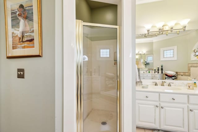 1001 Williams Way, Old Hickory, TN 37138 - bathroom featuring a stall shower, vanity, ornamental molding, and a chandelier
