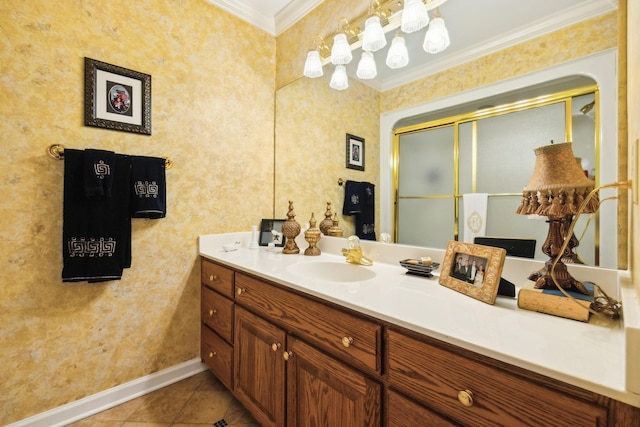 1001 Williams Way, Old Hickory, TN 37138 - bathroom with baseboards, tile patterned floors, vanity, crown molding, and an enclosed shower