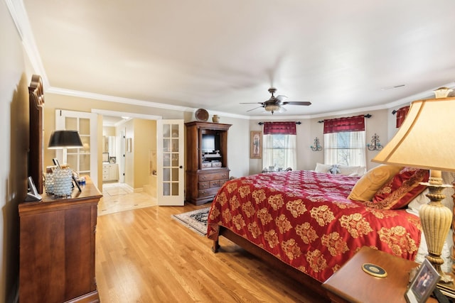 1001 Williams Way, Old Hickory, TN 37138 - bedroom featuring light wood-type flooring, crown molding, french doors, and a ceiling fan