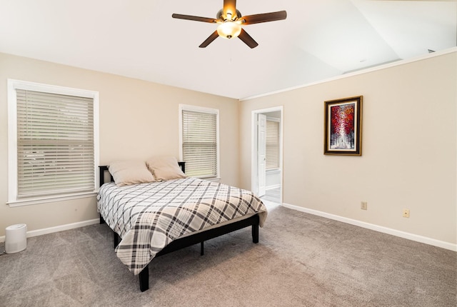bedroom featuring carpet floors, baseboards, and ceiling fan