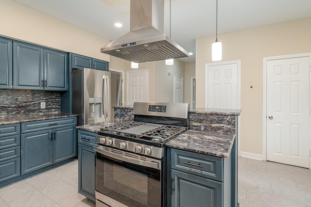 kitchen with stainless steel appliances, island exhaust hood, decorative backsplash, light tile patterned floors, and dark stone countertops