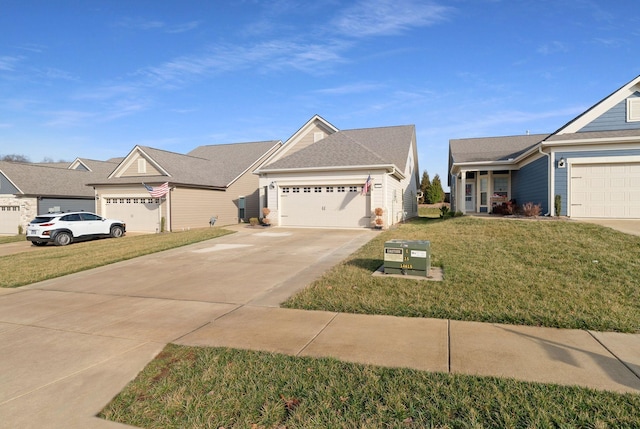 view of front of house featuring a front yard, concrete driveway, and an attached garage