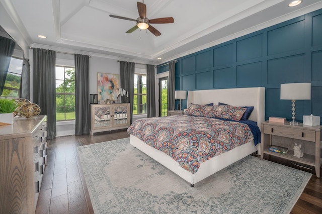 144 Autumn Crk, Lebanon, TN 37087 - bedroom featuring dark wood-style flooring, a tray ceiling, a decorative wall, recessed lighting, and a ceiling fan