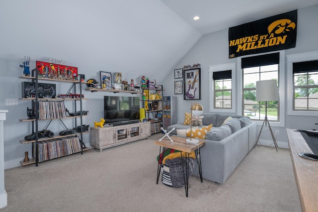 144 Autumn Crk, Lebanon, TN 37087 - living room with carpet flooring, vaulted ceiling, recessed lighting, and baseboards