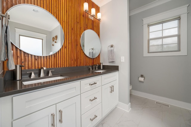 144 Autumn Crk, Lebanon, TN 37087 - full bath featuring wood walls, marble look tiles, baseboards, toilet, and double vanity