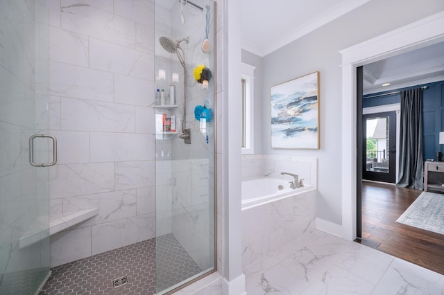 144 Autumn Crk, Lebanon, TN 37087 - full bathroom featuring a garden tub, a stall shower, ornamental molding, marble finish flooring, and baseboards