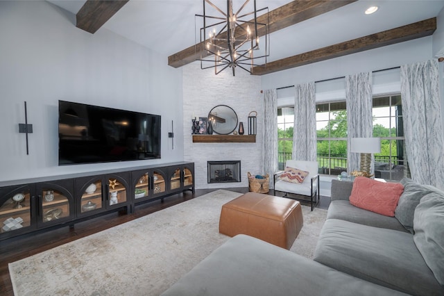 144 Autumn Crk, Lebanon, TN 37087 - living area featuring beam ceiling, a fireplace, a chandelier, and wood finished floors
