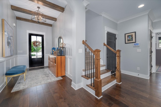144 Autumn Crk, Lebanon, TN 37087 - entrance foyer featuring dark wood-type flooring, stairway, a chandelier, baseboards, and beam ceiling