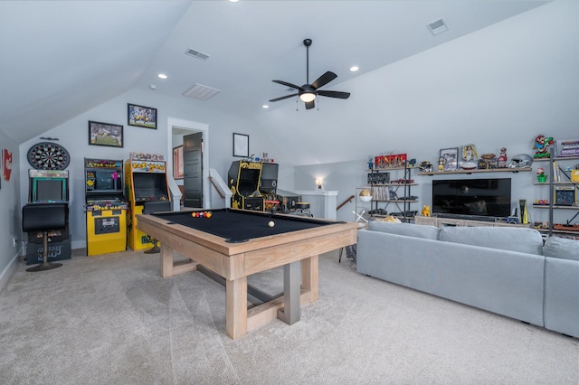 144 Autumn Crk, Lebanon, TN 37087 - game room featuring billiards table, vaulted ceiling, carpet floors, ceiling fan, and recessed lighting