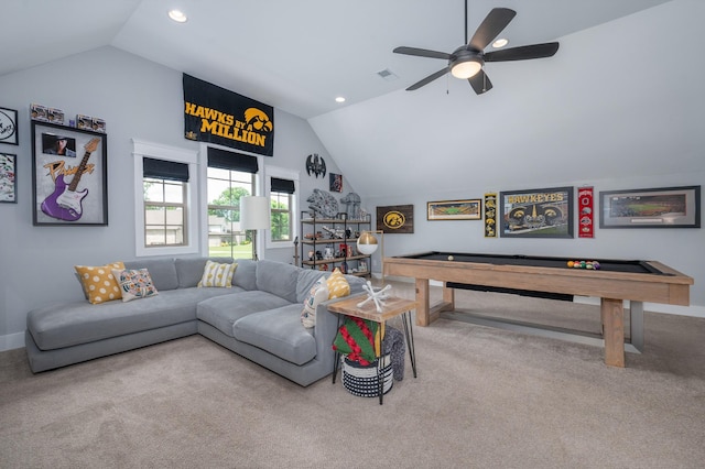 144 Autumn Crk, Lebanon, TN 37087 - recreation room featuring lofted ceiling, carpet floors, billiards table, ceiling fan, and baseboards