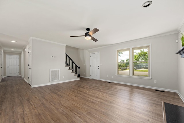 1643 Windy Meadow Dr, Christiana, TN 37037 - unfurnished living room featuring a ceiling fan, stairs, ornamental molding, wood finished floors, and baseboards