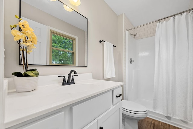 1643 Windy Meadow Dr, Christiana, TN 37037 - bathroom with toilet, vanity, a stall shower, and wood finished floors