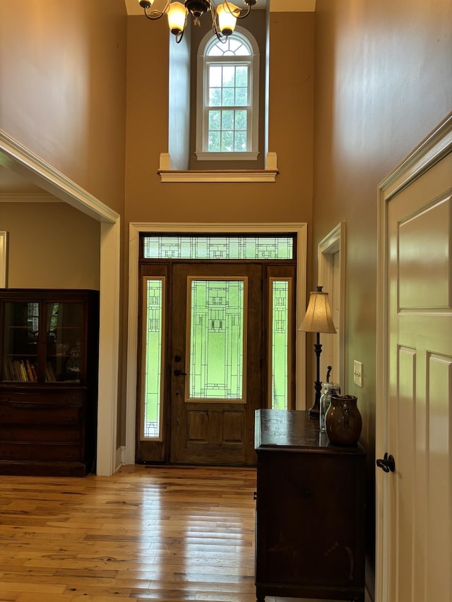 204 Revilo Rd, Leoma, TN 38468 - foyer with a chandelier, a towering ceiling, hardwood / wood-style floors, and crown molding