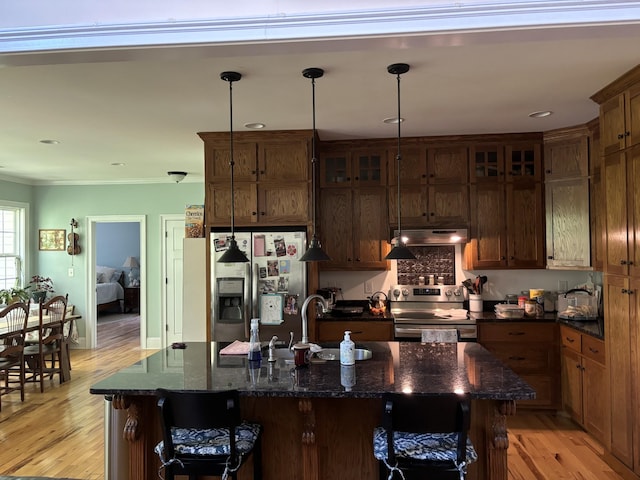204 Revilo Rd, Leoma, TN 38468 - kitchen with stainless steel appliances, under cabinet range hood, light wood-style flooring, a sink, and a kitchen island with sink