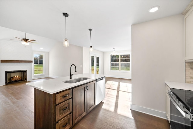 1936 Flats Rd, Cunningham, TN 37052 - kitchen featuring a sink, stainless steel appliances, a warm lit fireplace, plenty of natural light, and recessed lighting