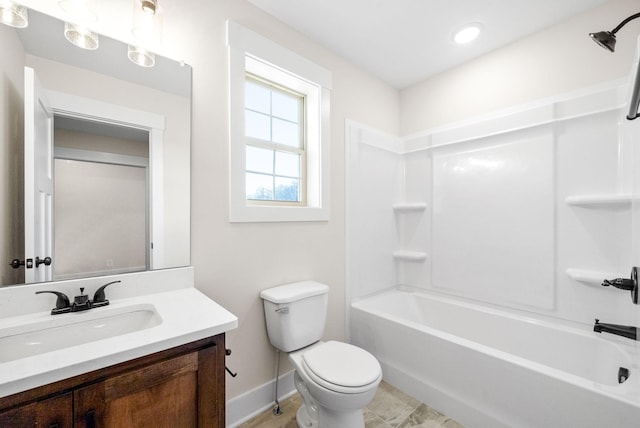 1936 Flats Rd, Cunningham, TN 37052 - full bathroom with vanity, toilet, baseboards, shower / bathtub combination, and recessed lighting