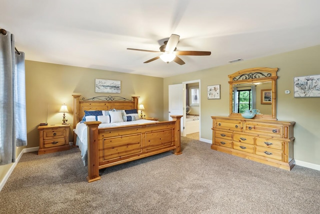 carpeted bedroom with baseboards and ceiling fan