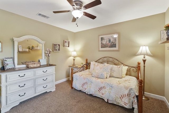 bedroom featuring carpet, baseboards, and a ceiling fan