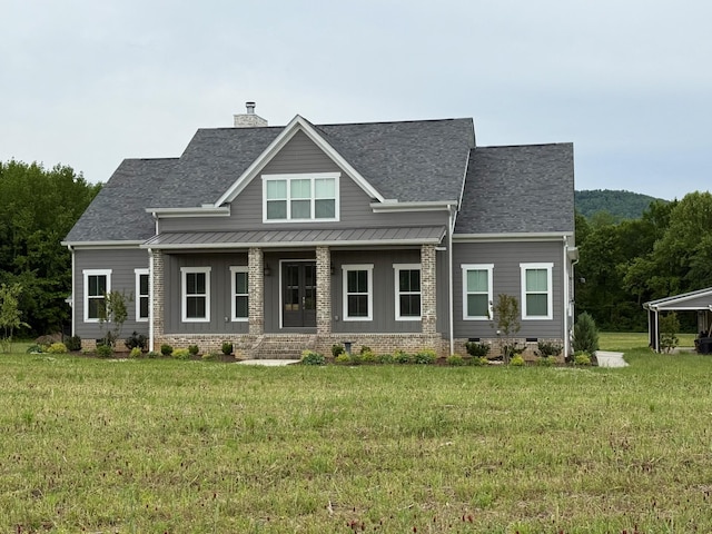 69 Meadows Rd, Hillsboro, TN 37342 - craftsman house featuring covered porch, a front yard, a chimney, roof with shingles, and crawl space