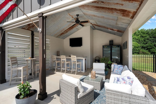 69 Meadows Rd, Hillsboro, TN 37342 - view of patio with outdoor lounge area, a ceiling fan, and exterior bar