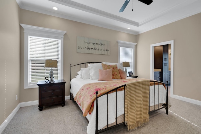 69 Meadows Rd, Hillsboro, TN 37342 - carpeted bedroom with crown molding, recessed lighting, ensuite bath, a ceiling fan, and a raised ceiling
