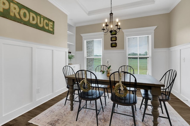 69 Meadows Rd, Hillsboro, TN 37342 - dining space featuring a decorative wall, a chandelier, a wainscoted wall, dark wood finished floors, and crown molding