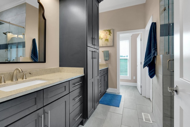 69 Meadows Rd, Hillsboro, TN 37342 - full bathroom with ornamental molding, vanity, a stall shower, and tile patterned floors
