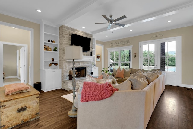 69 Meadows Rd, Hillsboro, TN 37342 - living room featuring ornamental molding, dark wood-type flooring, a stone fireplace, a ceiling fan, and recessed lighting