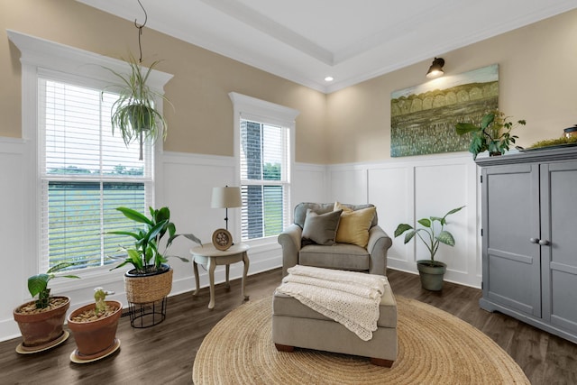 69 Meadows Rd, Hillsboro, TN 37342 - sitting room with a decorative wall, a wainscoted wall, dark wood finished floors, and crown molding
