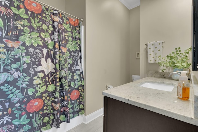 69 Meadows Rd, Hillsboro, TN 37342 - bathroom with vanity, ornamental molding, tile patterned floors, and a shower with shower curtain