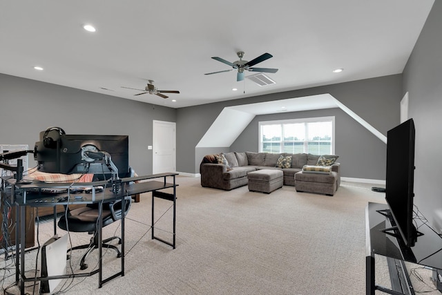 69 Meadows Rd, Hillsboro, TN 37342 - carpeted living room with recessed lighting, a ceiling fan, and an office area