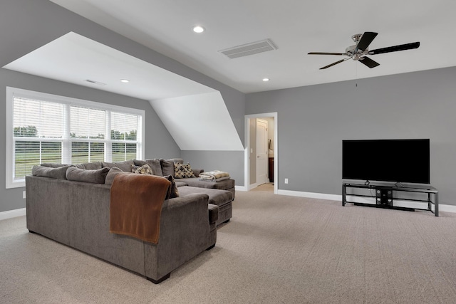 69 Meadows Rd, Hillsboro, TN 37342 - living area with a ceiling fan, recessed lighting, light carpet, and lofted ceiling