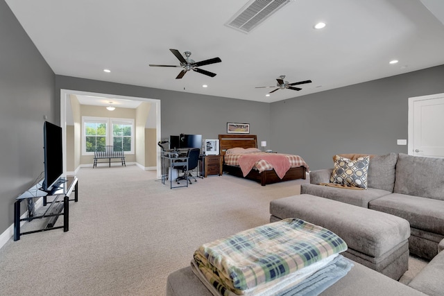69 Meadows Rd, Hillsboro, TN 37342 - bedroom featuring light carpet, recessed lighting, ceiling fan, and a desk