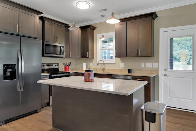69 Meadows Rd, Hillsboro, TN 37342 - kitchen with appliances with stainless steel finishes, dark brown cabinetry, light wood finished floors, ornamental molding, and healthy amount of natural light