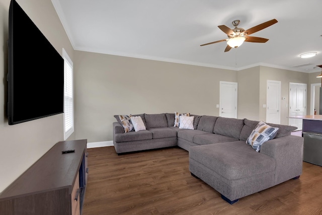 69 Meadows Rd, Hillsboro, TN 37342 - living area with a ceiling fan, wood finished floors, and crown molding