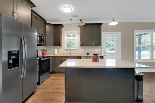 69 Meadows Rd, Hillsboro, TN 37342 - kitchen featuring appliances with stainless steel finishes, ornamental molding, plenty of natural light, dark brown cabinetry, and light wood-style flooring