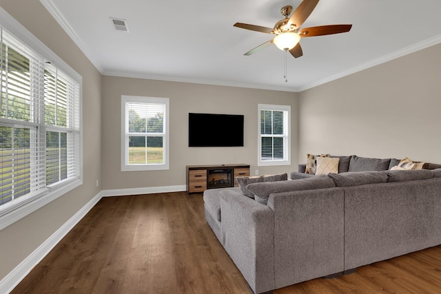 69 Meadows Rd, Hillsboro, TN 37342 - living area with dark wood-type flooring, a ceiling fan, and ornamental molding