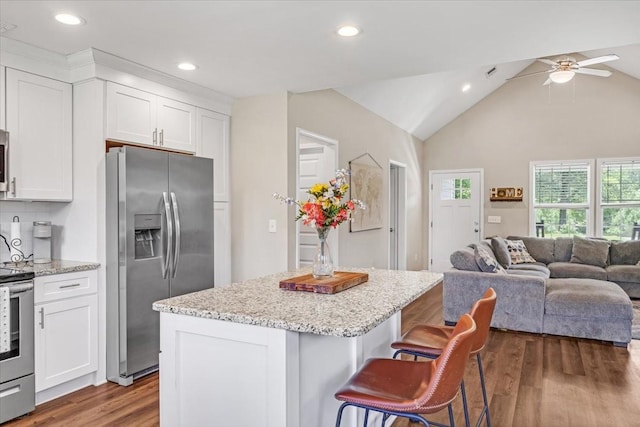 147 Ray Jent Rd, Bethpage, TN 37022 - kitchen featuring stainless steel appliances, ceiling fan, wood finished floors, white cabinetry, and recessed lighting