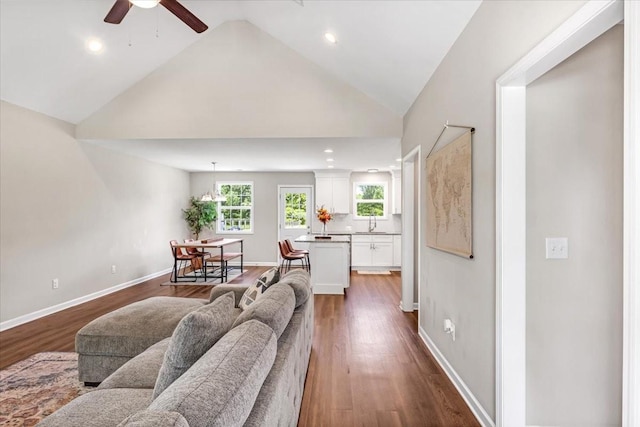 147 Ray Jent Rd, Bethpage, TN 37022 - living room with a ceiling fan, dark wood-style flooring, lofted ceiling, recessed lighting, and baseboards
